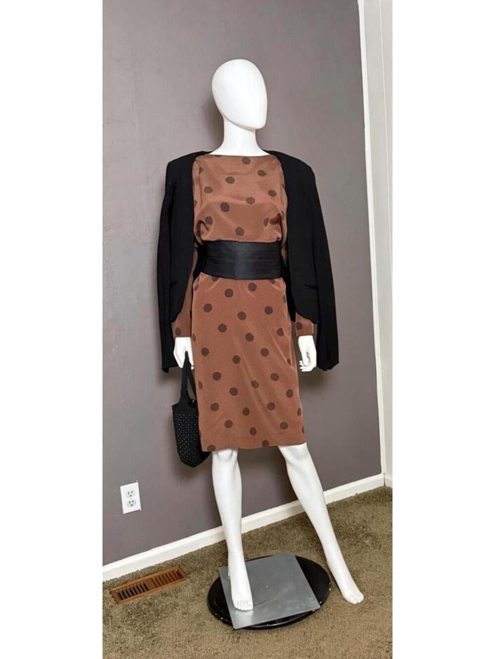 1980's does 1940's Chevron Polka Dot Print Brown Dress by Axiom M/L